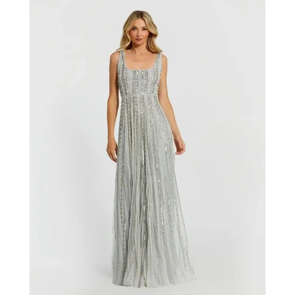 Mac Duggal Green Scoop Neck A-Line Gown With Striped Beading $698 - Size 2 - Picture 2 of 10